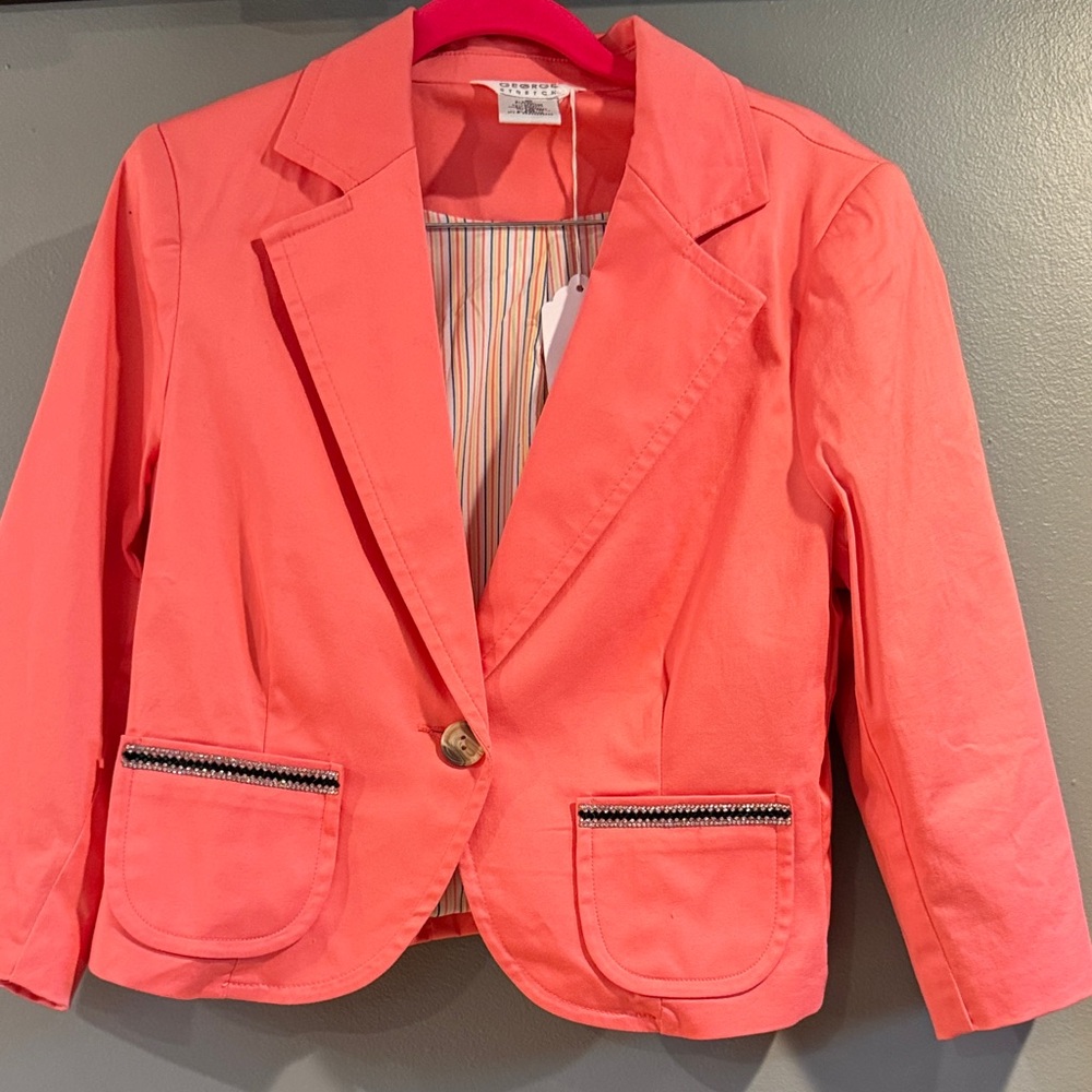 Chic Coral Blazer with Rhinestone embellished front pockets